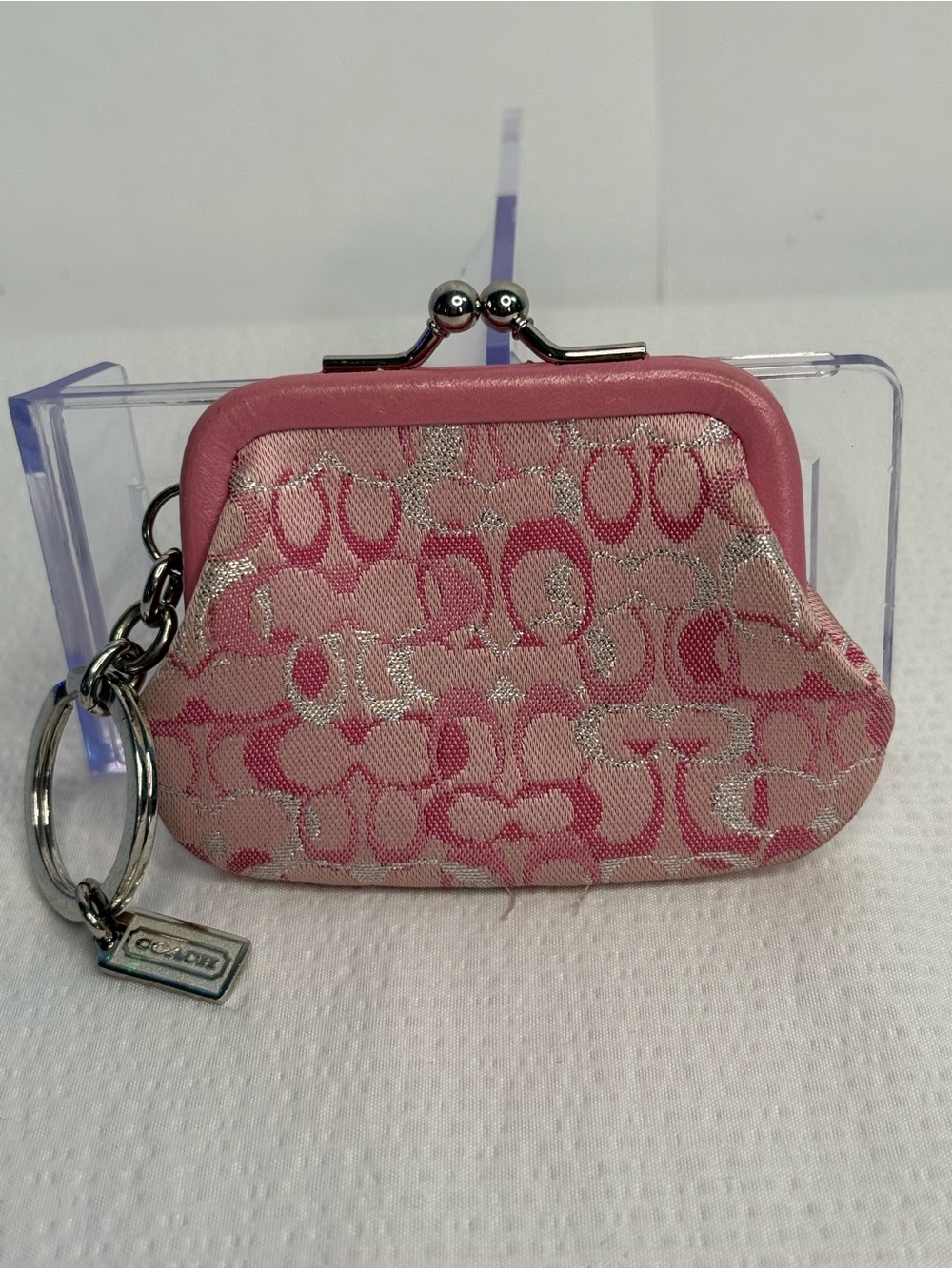 Coach Vintage Optic Pink Signature Kiss-Lock Coin Purse with Key Ring - Picture 2 of 10